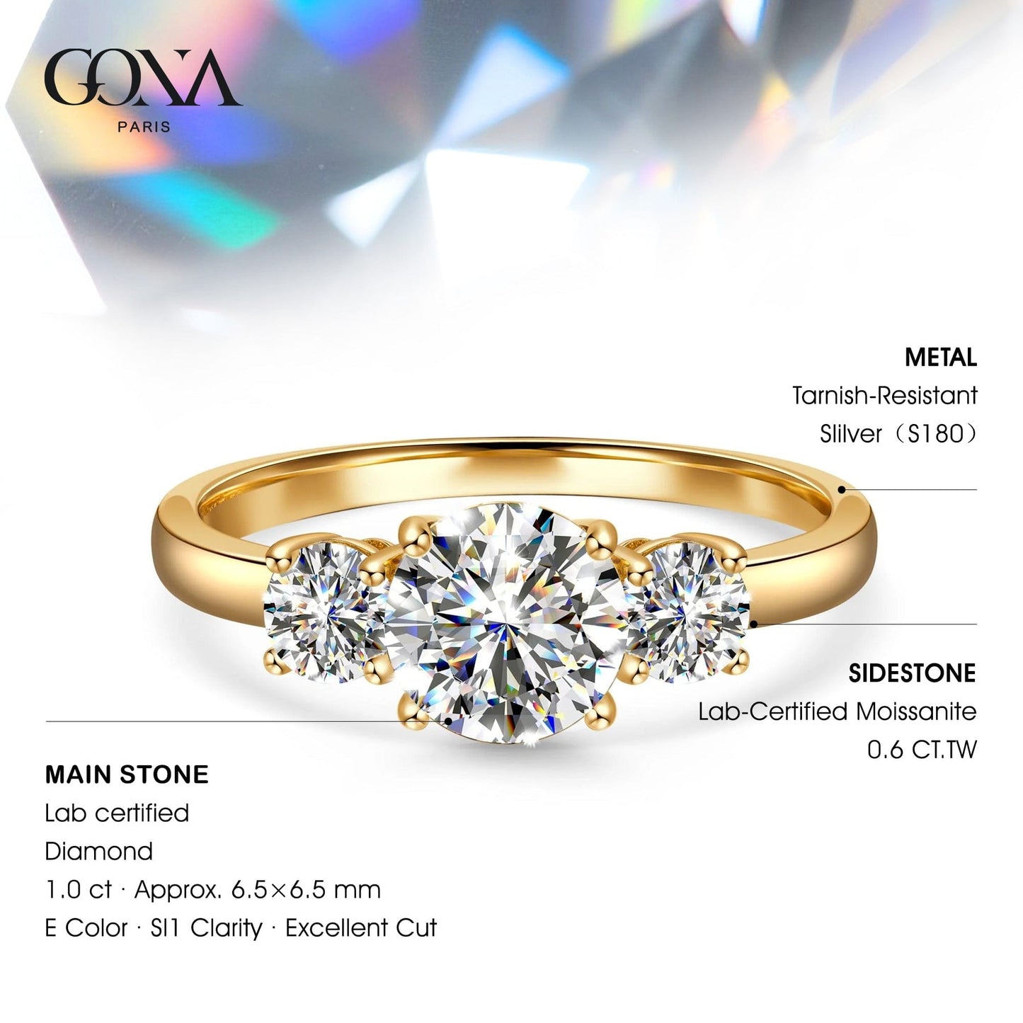 IGI Certified Lab-Grown Round Brilliant Cut Diamond - Three Stone Classic Engagement Ring 14K Yellow Gold Plated (Includes IGI Certification from International Gemological Institute)