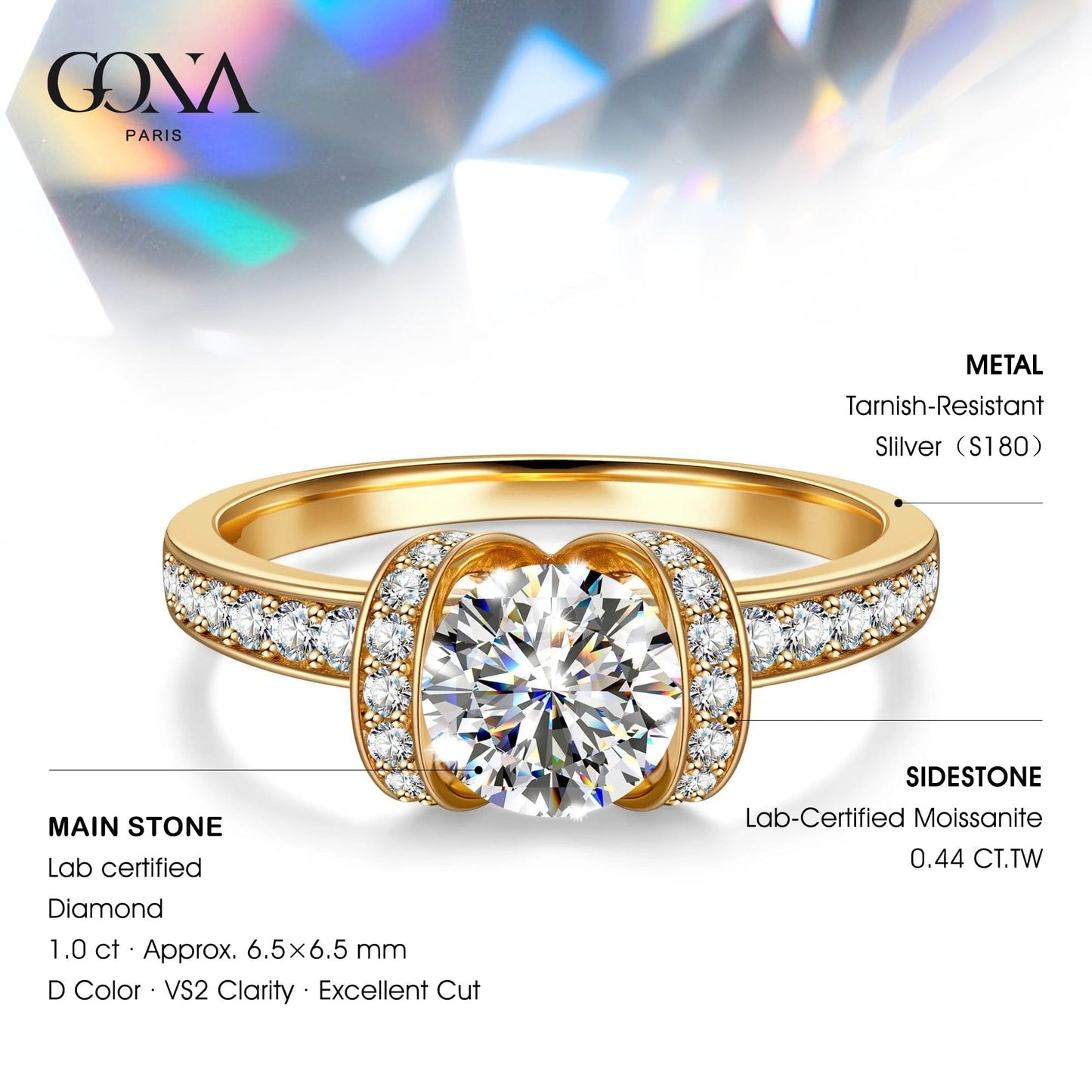IGI Certified Lab-Grown Round Brilliant Cut Diamond - Halo Classic Engagement Ring 14K Yellow Gold Plated (Includes IGI Certification from International Gemological Institute)