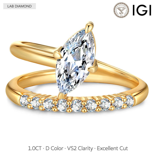 gona- IGI Certified Lab-Grown Marquise Brilliant Cut Diamond - Pave Classic Engagement Ring 14K Yellow Gold Plated (Includes IGI Certification from International Gemological Institute)