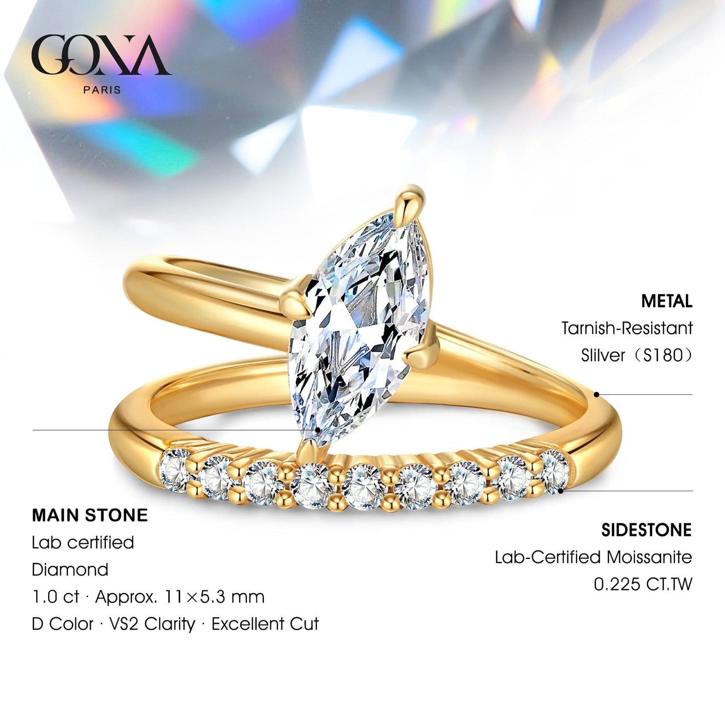 IGI Certified Lab-Grown Marquise Brilliant Cut Diamond - Pave Classic Engagement Ring 14K Yellow Gold Plated (Includes IGI Certification from International Gemological Institute)