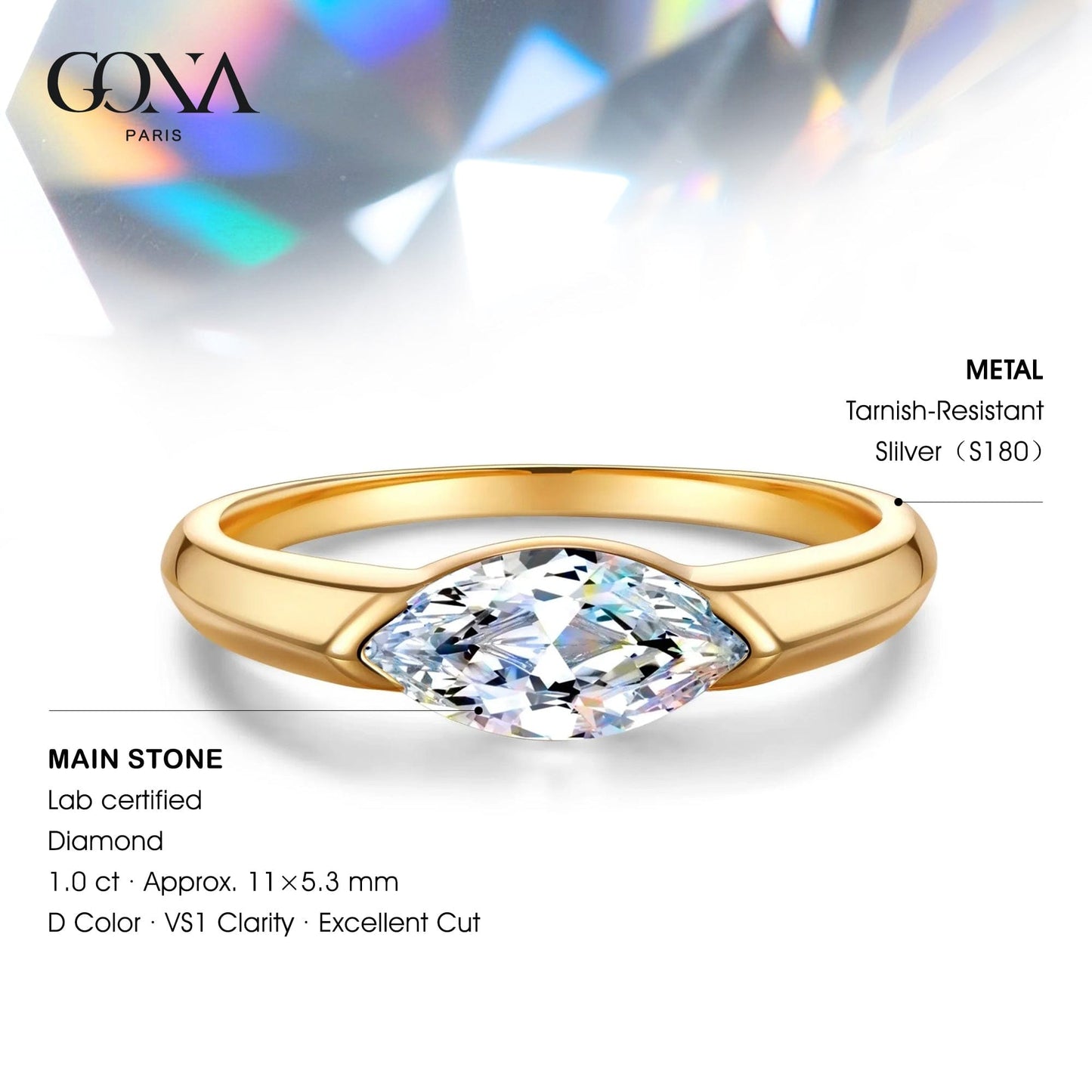 IGI Certified Lab-Grown Marquise Brilliant Cut Diamond - Solitaire Classic Engagement Ring 14K Yellow Gold Plated (Includes IGI Certification from International Gemological Institute)