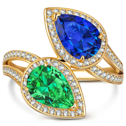 gon- 1.80 ct Lab-Grown Pear Brilliant Cut Blue Sapphire and 1.10 ct Lab-Grown Pear Brilliant Cut Emerald - Two Stone Classic Engagement Ring 14K Yellow Gold Plated (Includes GRC Certification from Gemstone Research Center)