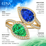 1.80 ct Lab-Grown Pear Brilliant Cut Blue Sapphire and 1.10 ct Lab-Grown Pear Brilliant Cut Emerald - Two Stone Classic Engagement Ring 14K Yellow Gold Plated (Includes GRC Certification from Gemstone Research Center)