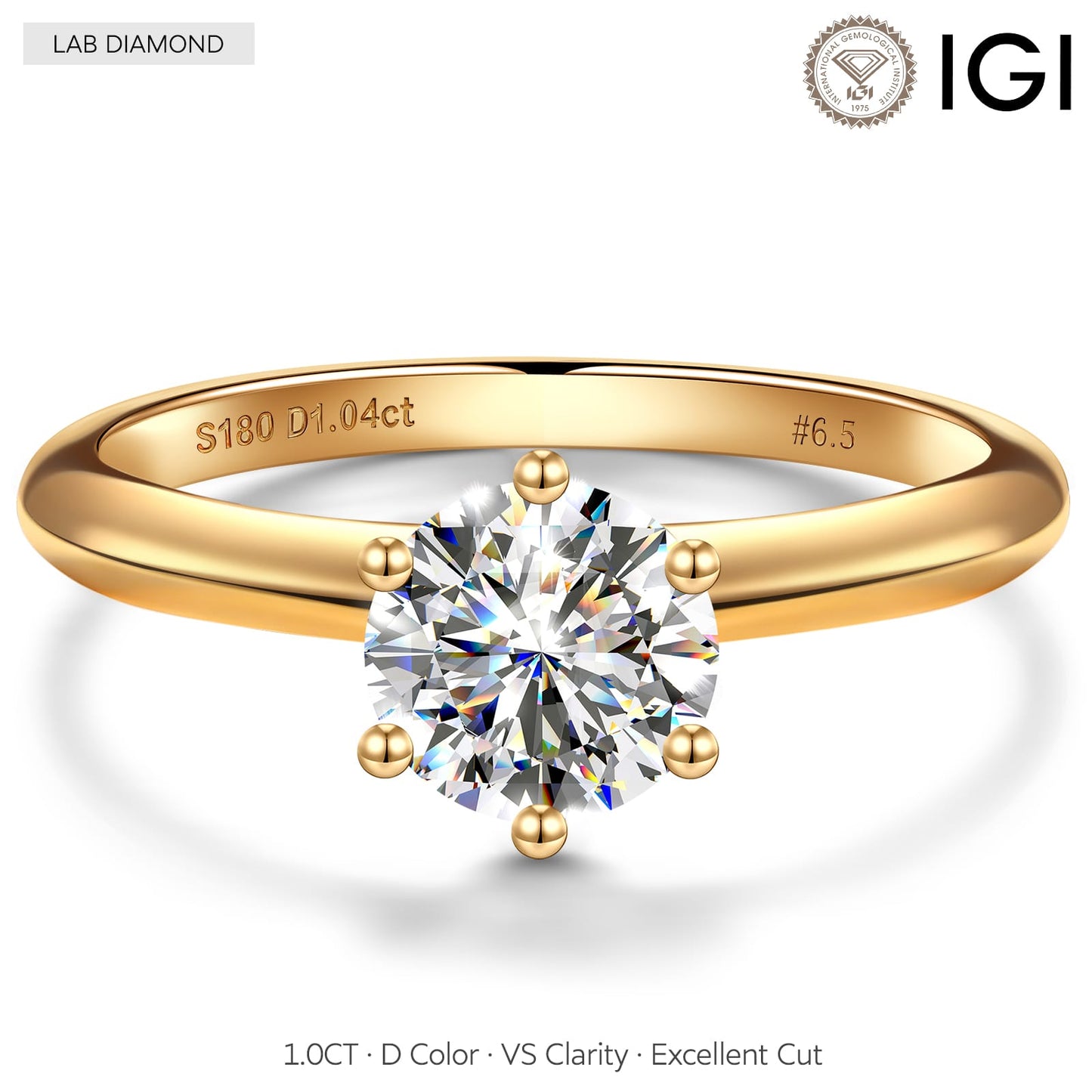 1ct Round Lab-Grown Diamond Solitaire Engagement Ring 6 Prong Claw Setting Tarnish-Resistant Silver with 14K Gold Plated (Includes IGI Certification from International Gemological Institute)