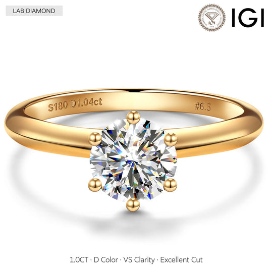 gon- 1ct Round Lab-Grown Diamond Solitaire Engagement Ring 6 Prong Claw Setting Tarnish-Resistant Silver with 14K Gold Plated (Includes IGI Certification from International Gemological Institute)