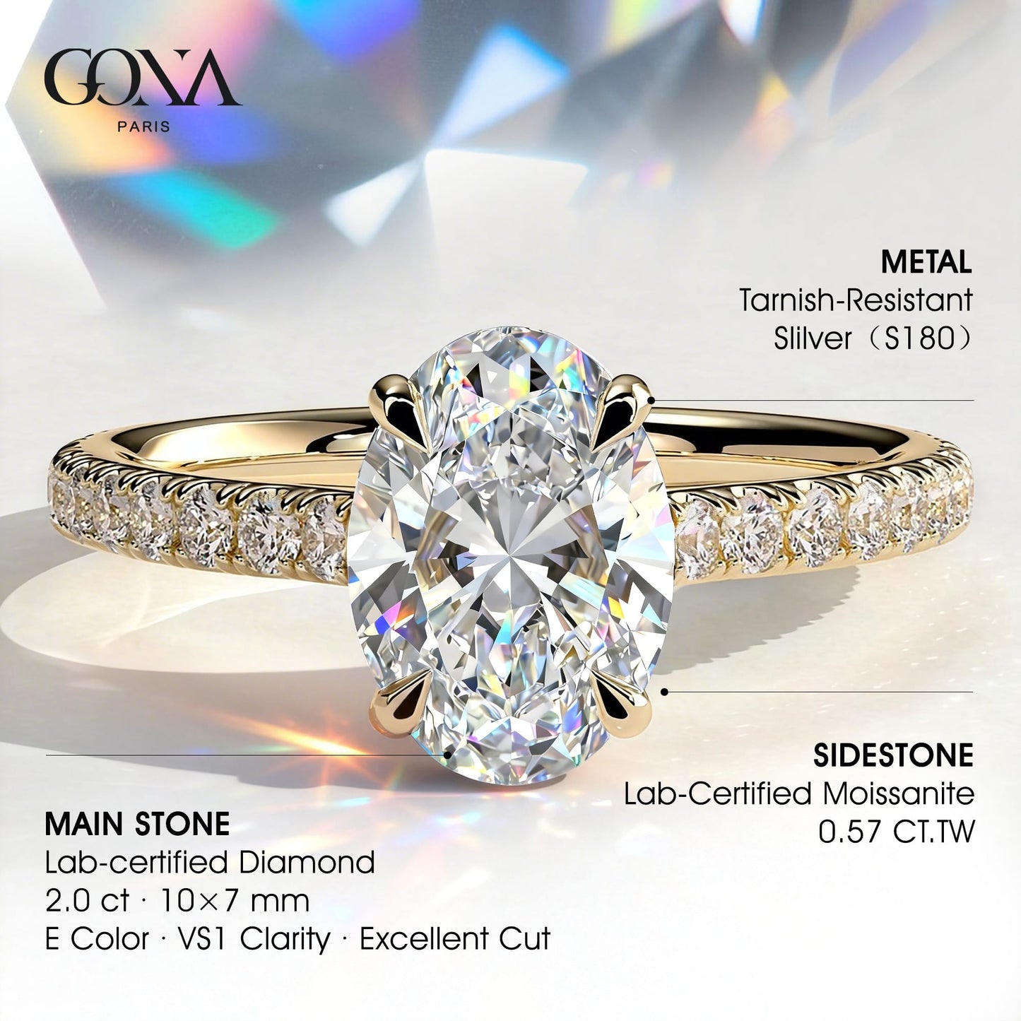 2ct Oval Lab-Grown Diamond Ring with Hidden Halo & Pave Band Cathedral Setting Tarnish-resistant Silver In 14K Gold Plated (Includes IGI Certification from International Gemological Institute)