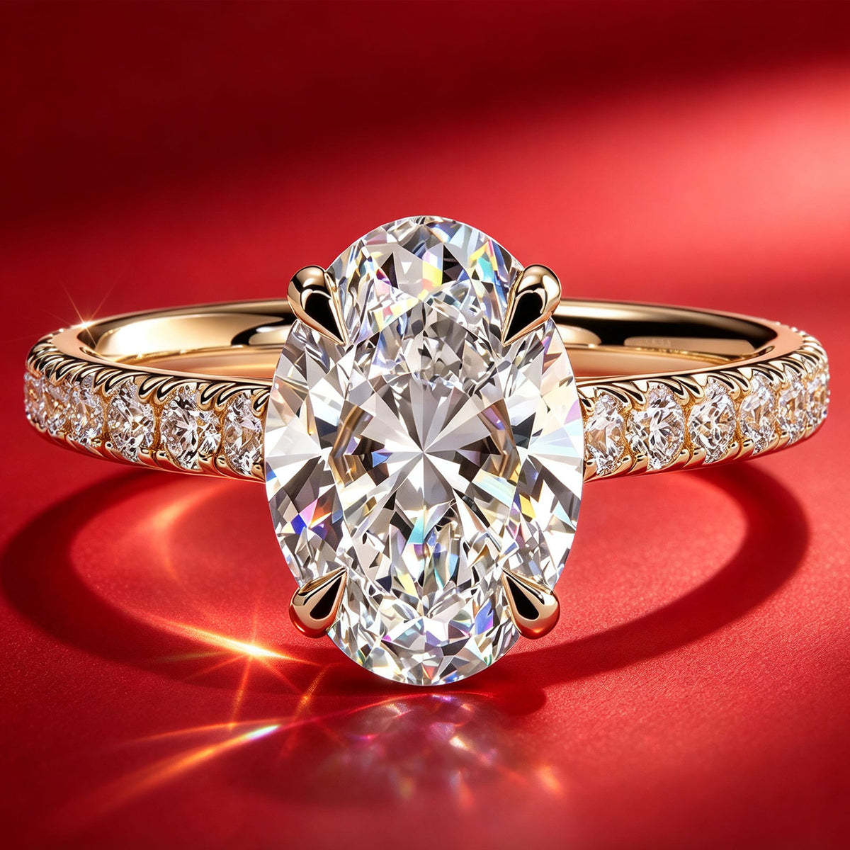 2ct Oval Lab-Grown Diamond Ring with Hidden Halo & Pave Band Cathedral Setting Tarnish-resistant Silver In 14K Gold Plated (Includes IGI Certification from International Gemological Institute)