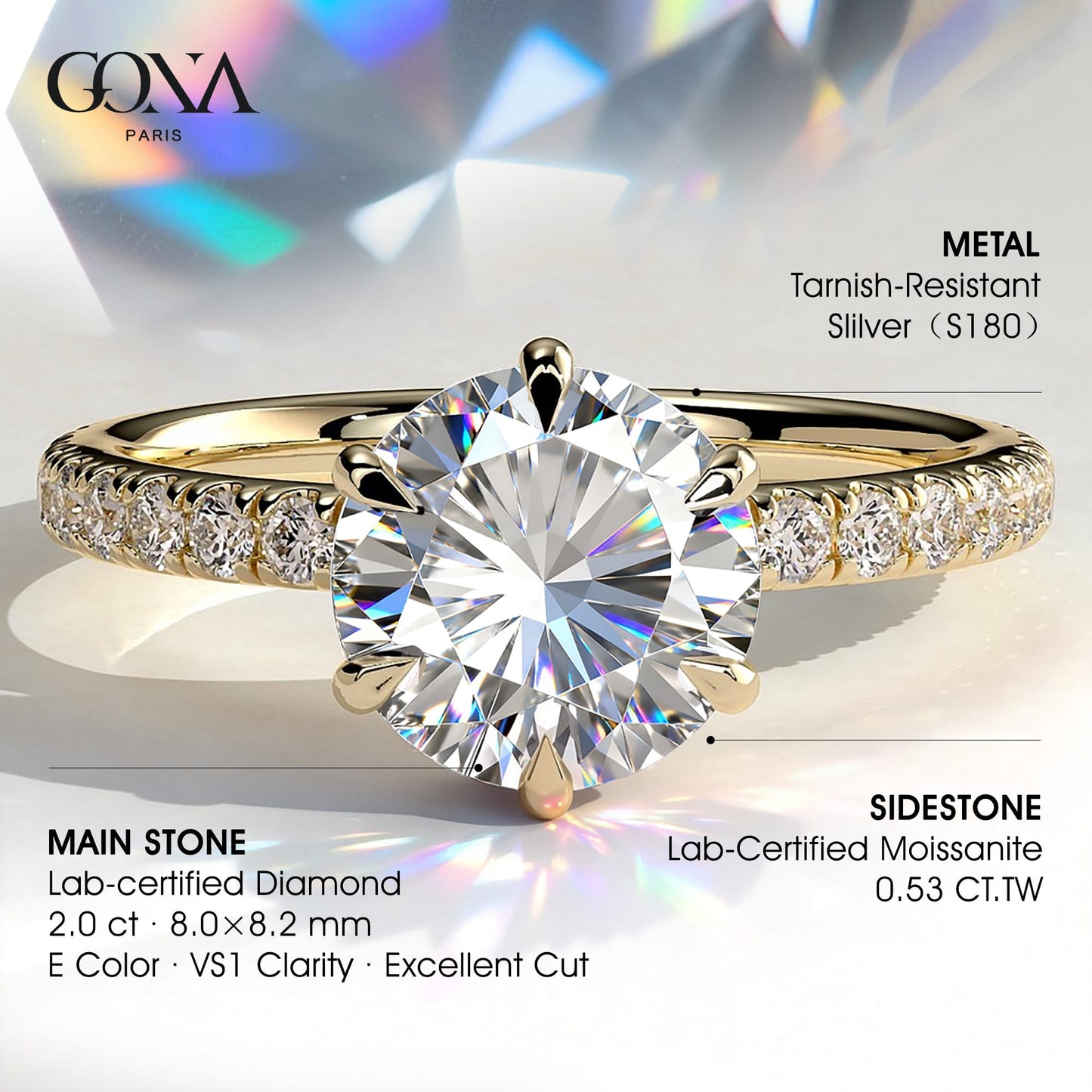 2ct Round Lab-Grown Diamond Ring with Wraparound Hidden Halo & Pave Band Cathedral Setting Tarnish-resistant Silver In 14K Gold Plated (Includes IGI Certification from International Gemological Institute)