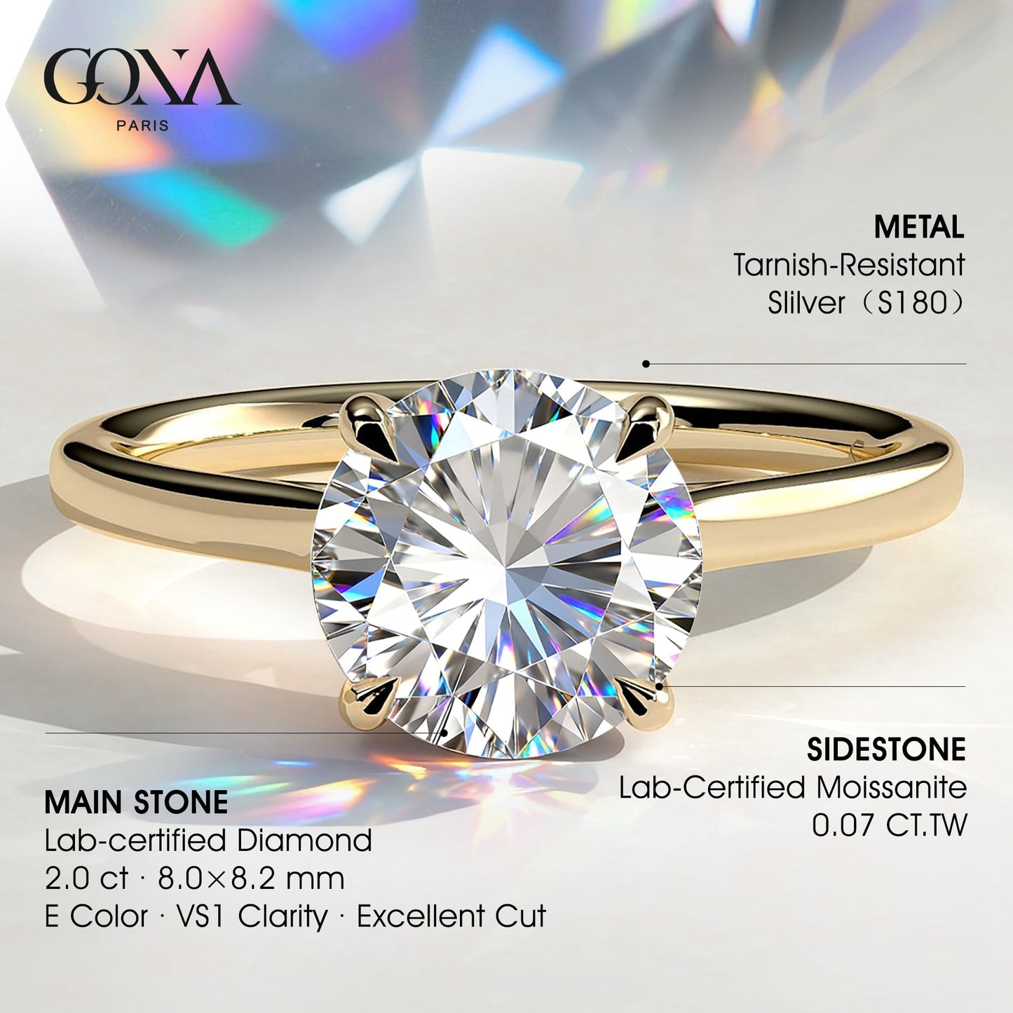 2ct Round Lab-Grown Diamond Ring with Hidden Halo Cathedral Setting Tarnish-resistant Silver In 14K Gold Plated (Includes IGI Certification from International Gemological Institute)
