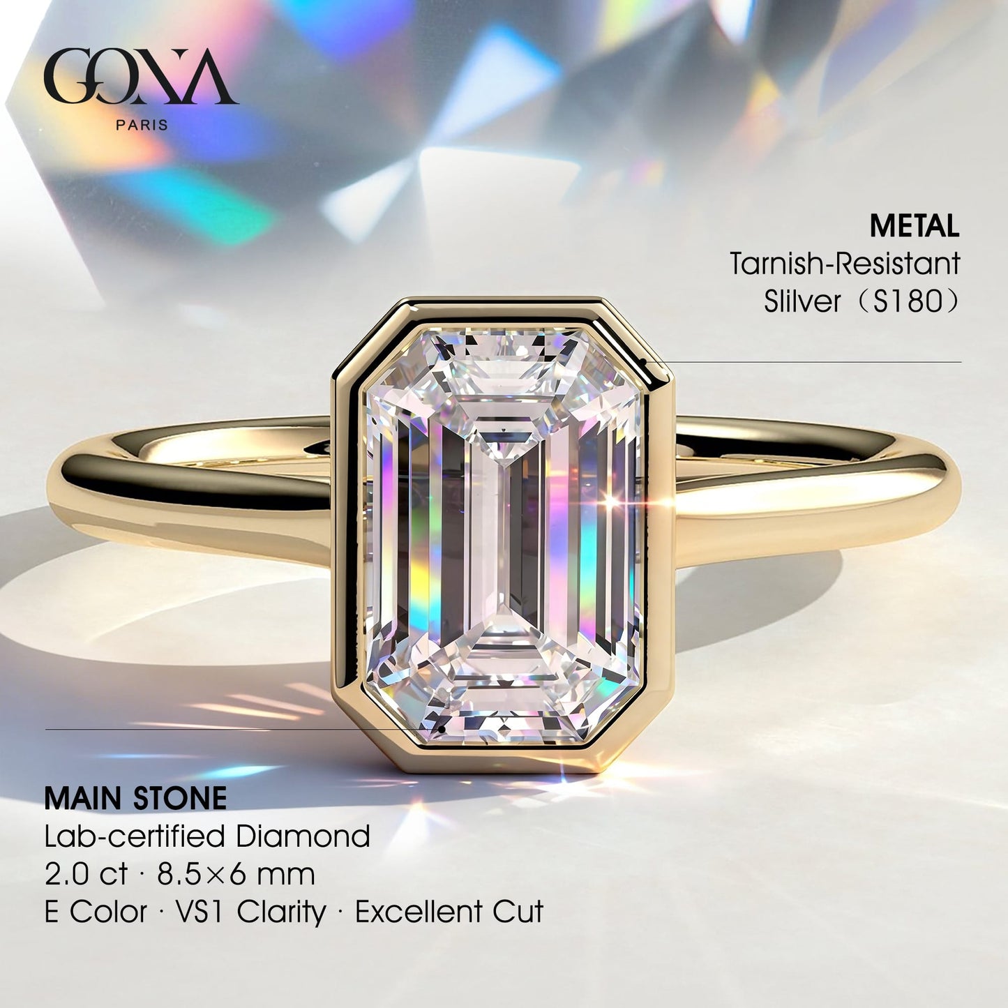 2ct Emerald-Cut Lab-Grown Diamond Ring with Bezel Setting Tarnish-resistant Silver In 14K Gold Plated (Includes IGI Certification from International Gemological Institute）