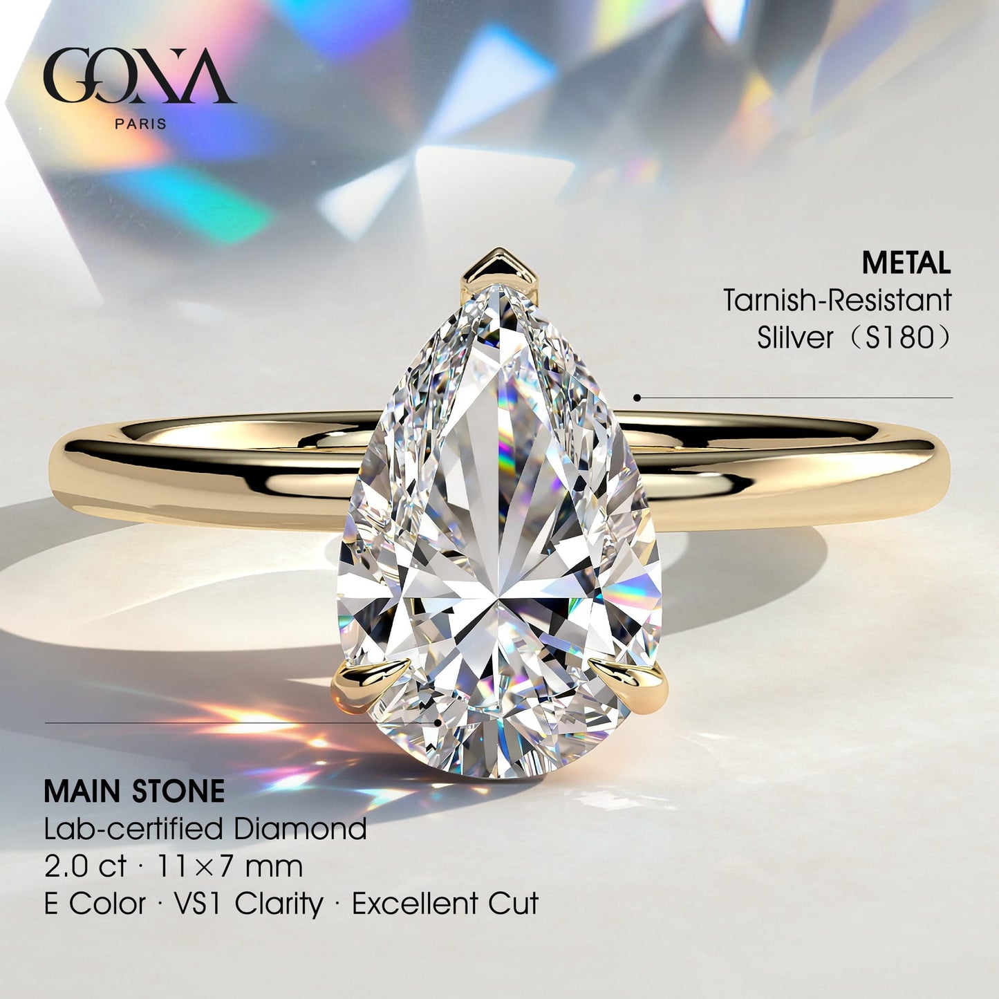 2ct Pear Lab-Grown Diamond Solitaire Ring with Claw Setting Tarnish-resistant Silver In 14K Gold Plated (Includes IGI Certification from International Gemological Institute)