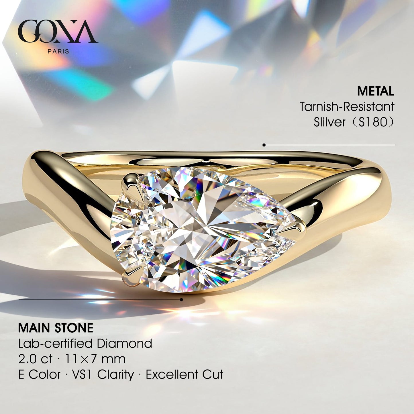 2ct Pear Lab-Grown Diamond Ring in East-West Setting with Wave Band Claw Setting Tarnish-resistant Silver In 14K Gold Plated (Includes IGI Certification from International Gemological Institute)