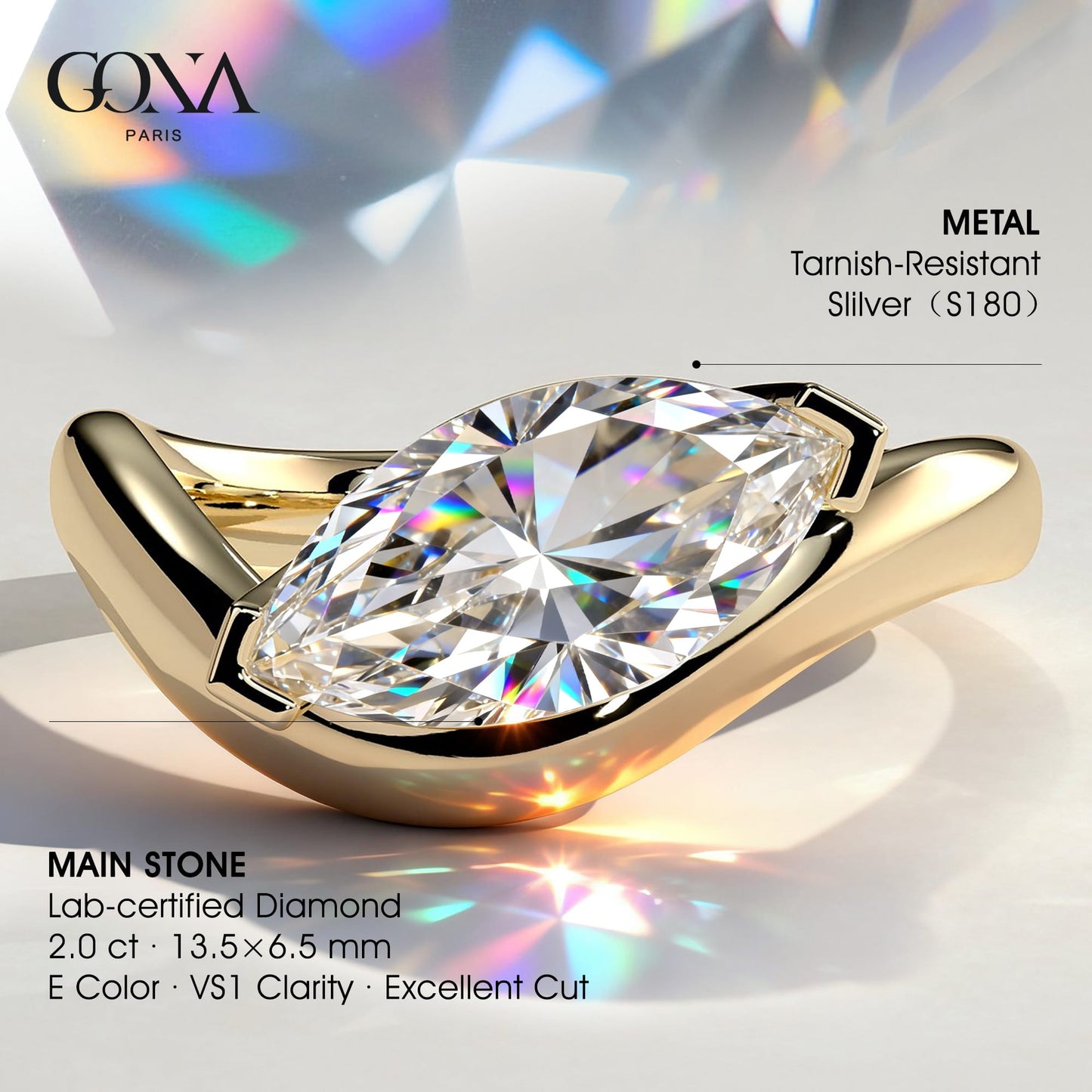 2ct Marquise Lab-Grown Diamond Ring in East-West Setting with Wave Band Claw Setting Tarnish-resistant Silver In 14K Gold Plated (Includes IGI Certification from International Gemological Institute)