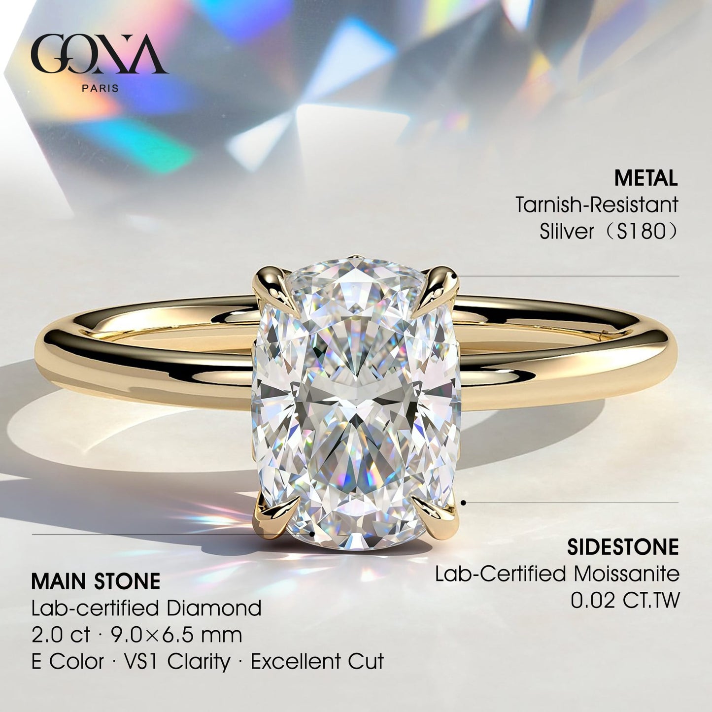 2ct Elongated Cushion Lab-Grown Diamond Ring with Petal Gallery & Leaf Detail Claw Setting Tarnish-resistant Silver In 14K Gold Plated (Includes IGI Certification from International Gemological Institute)