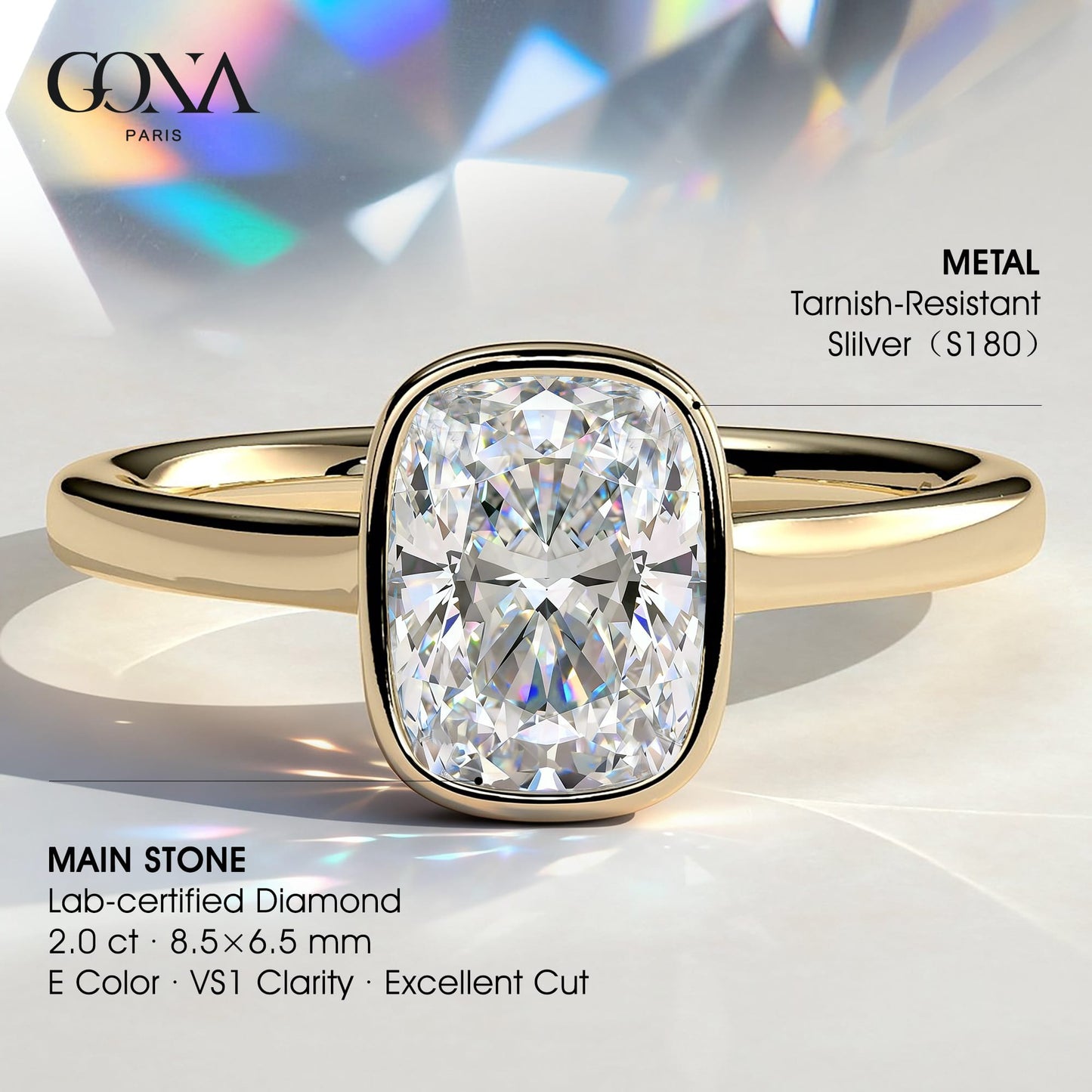 2ct Elongated Cushion Lab-Grown Diamond Ring with Bezel Setting Cathedral Setting Tarnish-resistant Silver In 14K Gold Plated (Includes IGI Certification from International Gemological Institute)