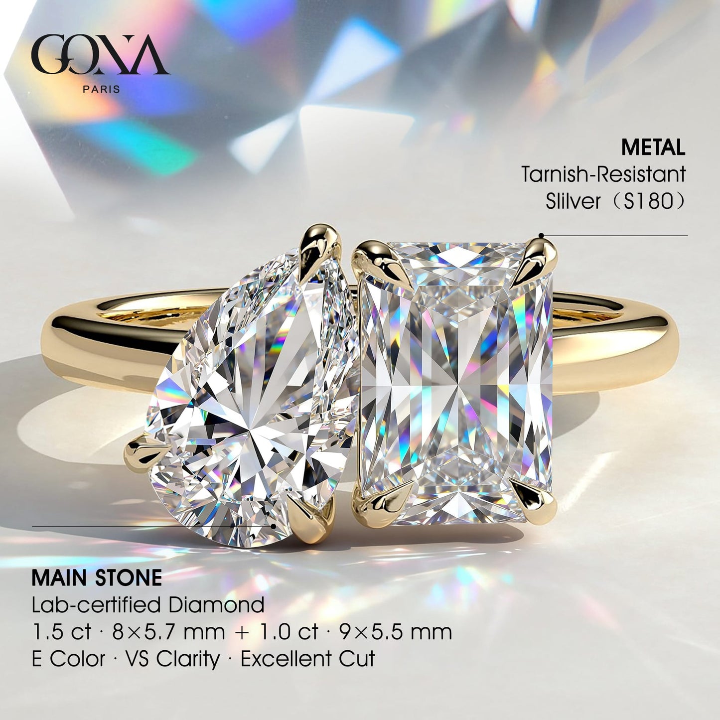 Toi et Moi Radiant & Pear Lab-Grown Diamond Ring 1.5ct & 1.0ct Dual Stones Claw Setting Tarnish-resistant Silver In 14K Gold Plated (Includes IGI Certification from International Gemological Institute)
