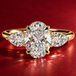 2ct Oval Lab-Grown Diamond Three-Stone Ring with Pear Accent Stones (Moissanite) Open Trellis Gallery Claw Setting Tarnish-resistant Silver In 14K Gold Plated (Includes IGI Certification from International Gemological Institute)