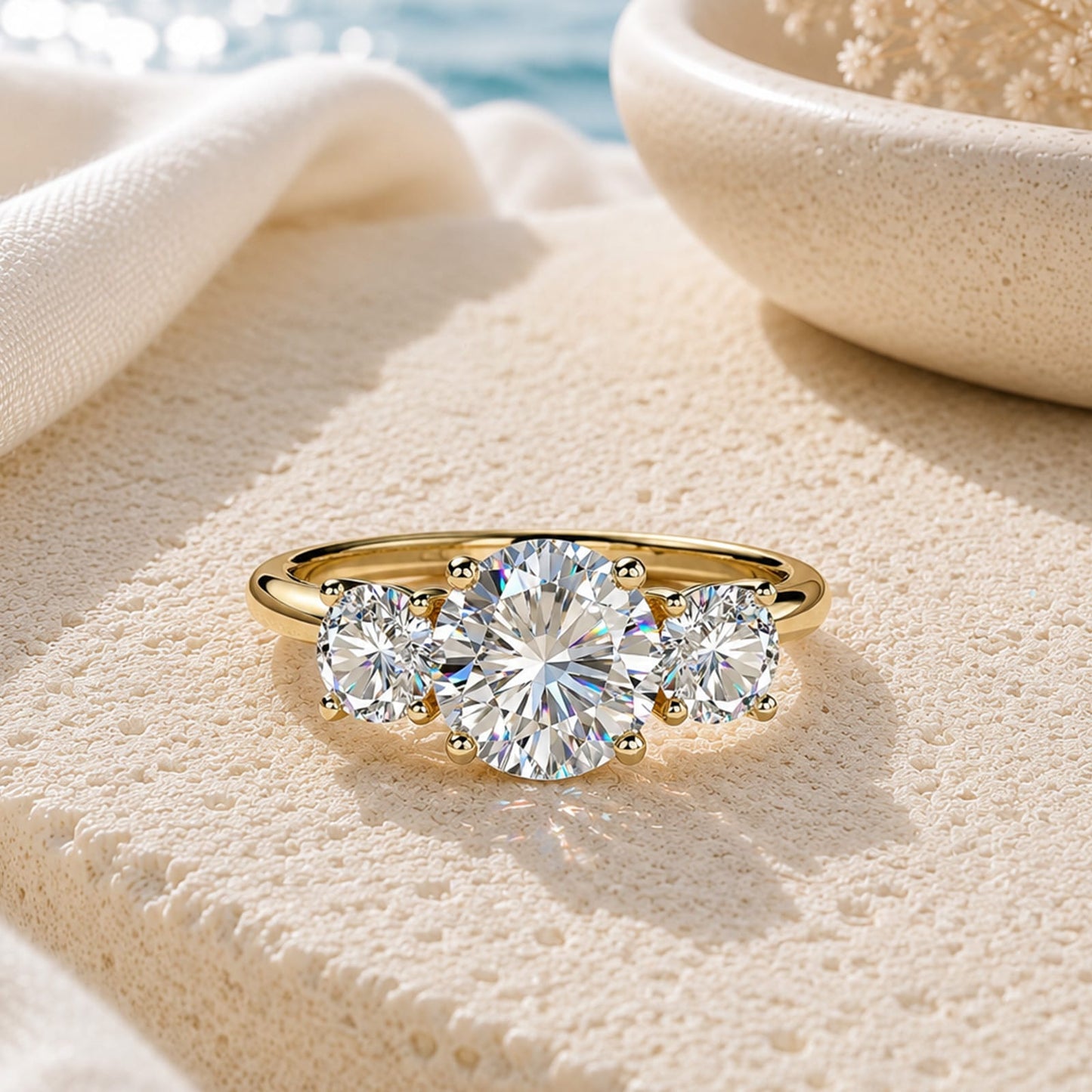 2ct Round Lab-Grown Diamond Three-Stone Ring with Round Accent Stones (Moissanite) Trellis Gallery Claw Setting Tarnish-resistant Silver In 14K Gold Plated (Includes IGI Certification from International Gemological Institute)