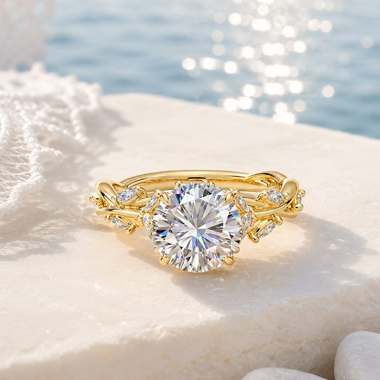 Secret Garden · 2.0 CT Round Lab-Grown Diamond Ring with Vine Leaf Accent Band & Claw Setting Tarnish-Resistant Silver In 14K Yellow Gold Plated · (Includes IGI Certification from International Gemological Institute)