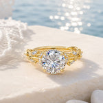 Secret Garden · 2.0 CT Round Lab-Grown Diamond Ring with Vine Leaf Accent Band & Claw Setting Tarnish-Resistant Silver In 14K Yellow Gold Plated · (Includes IGI Certification from International Gemological Institute)