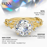 Secret Garden · 2.0 CT Round Lab-Grown Diamond Ring with Vine Leaf Accent Band & Claw Setting Tarnish-Resistant Silver In 14K Yellow Gold Plated · (Includes IGI Certification from International Gemological Institute)