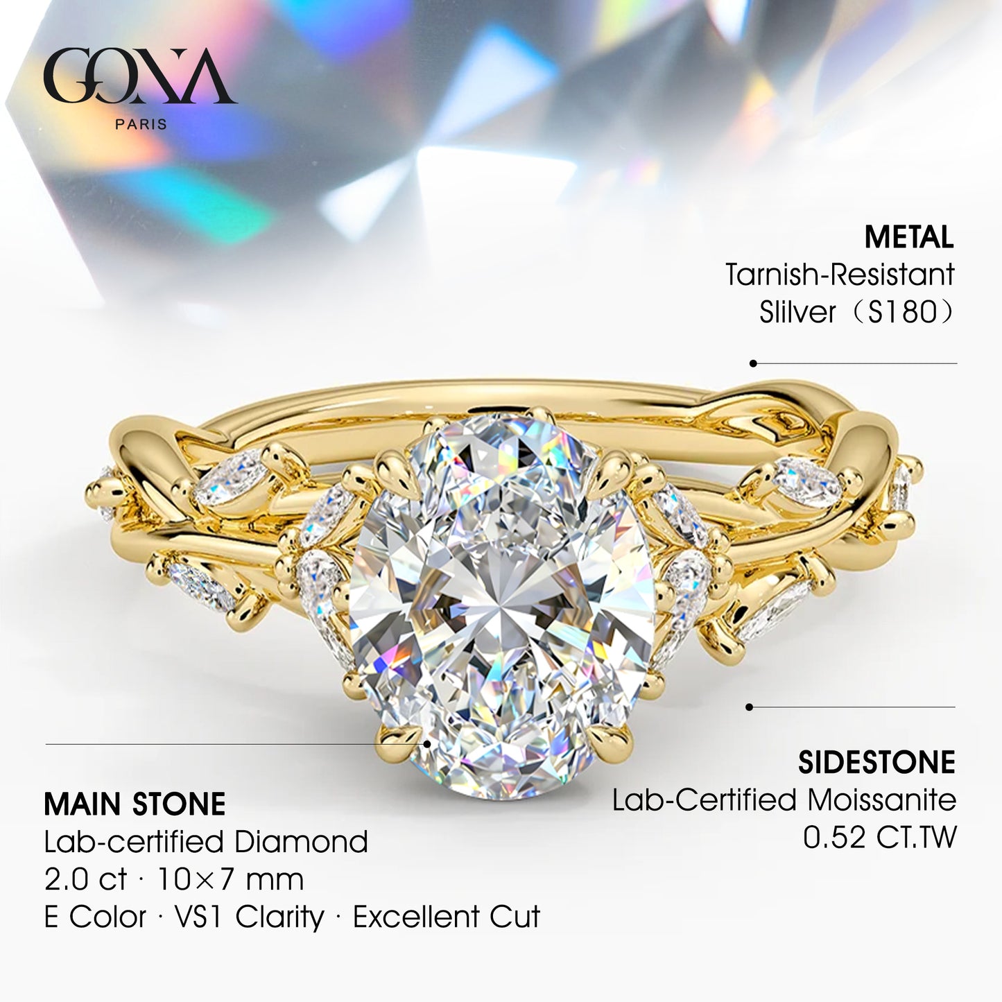 Secret Garden · 2.0 CT Oval Lab-Grown Diamond Ring with Vine Leaf Accent Band & Claw Setting Tarnish-Resistant Silver In 14K Yellow Gold Plated · (Includes IGI Certification from International Gemological Institute)