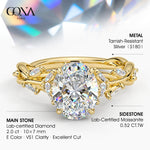 Secret Garden · 2.0 CT Oval Lab-Grown Diamond Ring with Vine Leaf Accent Band & Claw Setting Tarnish-Resistant Silver In 14K Yellow Gold Plated · (Includes IGI Certification from International Gemological Institute)