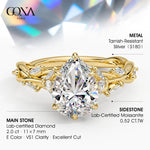 Secret Garden · 2.0 CT Pear Lab-Grown Diamond Ring with Vine Leaf Accent Band & Claw Setting Tarnish-Resistant Silver In 14K Yellow Gold Plated · (Includes IGI Certification from International Gemological Institute)