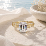 Secret Garden · 2.0 CT Emerald-Cut Lab-Grown Diamond Ring with Vine Leaf Accent Band & Claw Setting Tarnish-Resistant Silver In 14K Yellow Gold Plated · (Includes IGI Certification from International Gemological Institute)