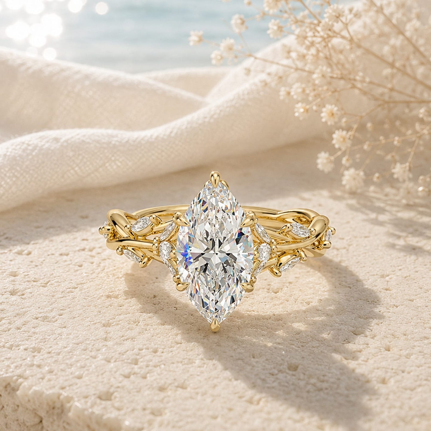 Secret Garden · 2.0 CT Marquise Lab-Grown Diamond Ring with Vine Leaf Accent Band & Claw Setting Tarnish-Resistant Silver In 14K Yellow Gold Plated · (Includes IGI Certification from International Gemological Institute)