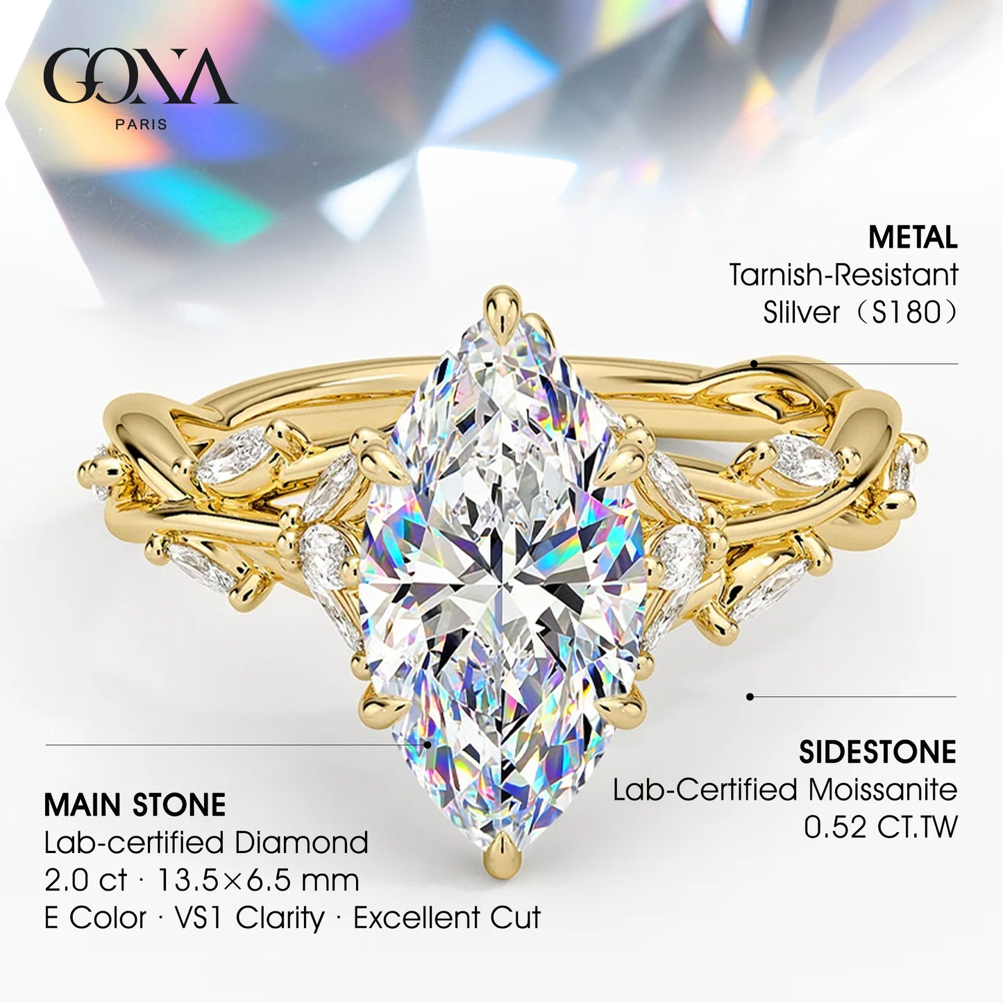 Secret Garden · 2.0 CT Marquise Lab-Grown Diamond Ring with Vine Leaf Accent Band & Claw Setting Tarnish-Resistant Silver In 14K Yellow Gold Plated · (Includes IGI Certification from International Gemological Institute)