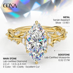 Secret Garden · 2.0 CT Marquise Lab-Grown Diamond Ring with Vine Leaf Accent Band & Claw Setting Tarnish-Resistant Silver In 14K Yellow Gold Plated · (Includes IGI Certification from International Gemological Institute)