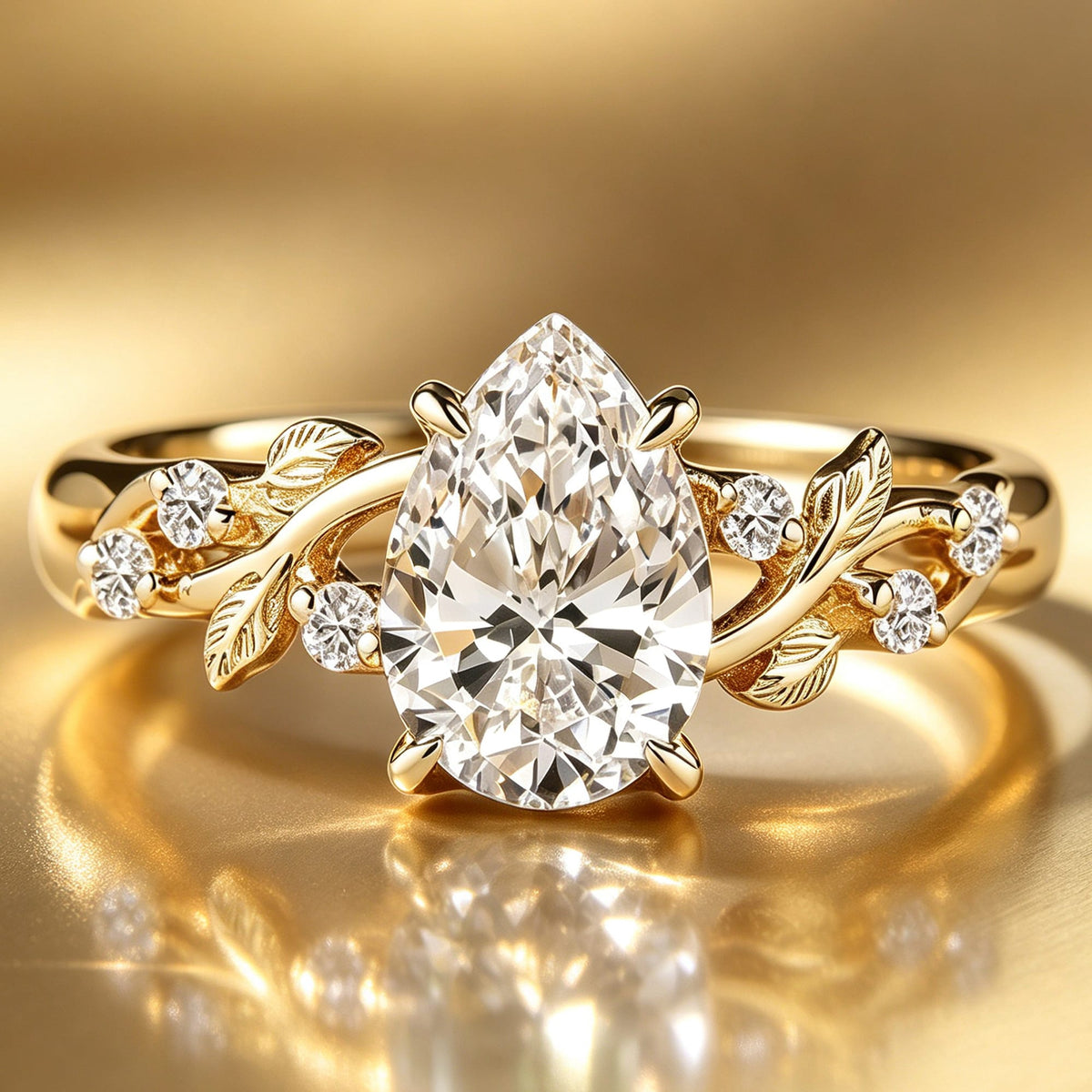 Enchanted Vine · 2.0 CT Pear Lab-Grown Diamond Engagement Ring with Leaf & Vine Accent Band Tarnish-Resistant Silver In 14K Yellow Gold Plated · (Includes IGI Certification from International Gemological Institute)