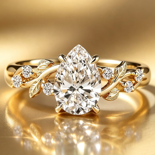 gona- Enchanted Vine · 2.0 CT Pear Lab-Grown Diamond Engagement Ring with Leaf & Vine Accent Band Tarnish-Resistant Silver In 14K Yellow Gold Plated · (Includes IGI Certification from International Gemological Institute)
