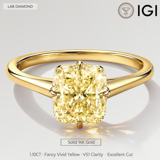 gona- Golden Radiance - 1.1 ct Cushion Cut Lab-Grown Fancy Vivid Yellow Diamond Solitaire Ring in Solid 14K Yellow Gold (Includes IGI Certification from International Gemological Institute)