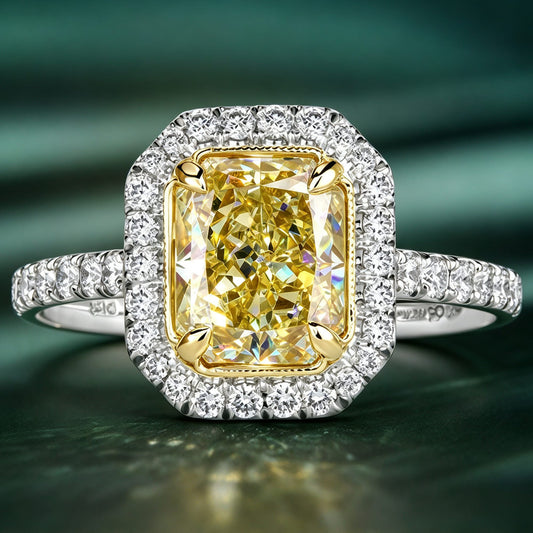 gona- Sunlit Halo - 1.1 ct Radiant Cut Lab-Grown Fancy Vivid Yellow Diamond Ring with Diamond Halo In Tarnish-resistant Silver (Includes IGI Certification from International Gemological Institute)