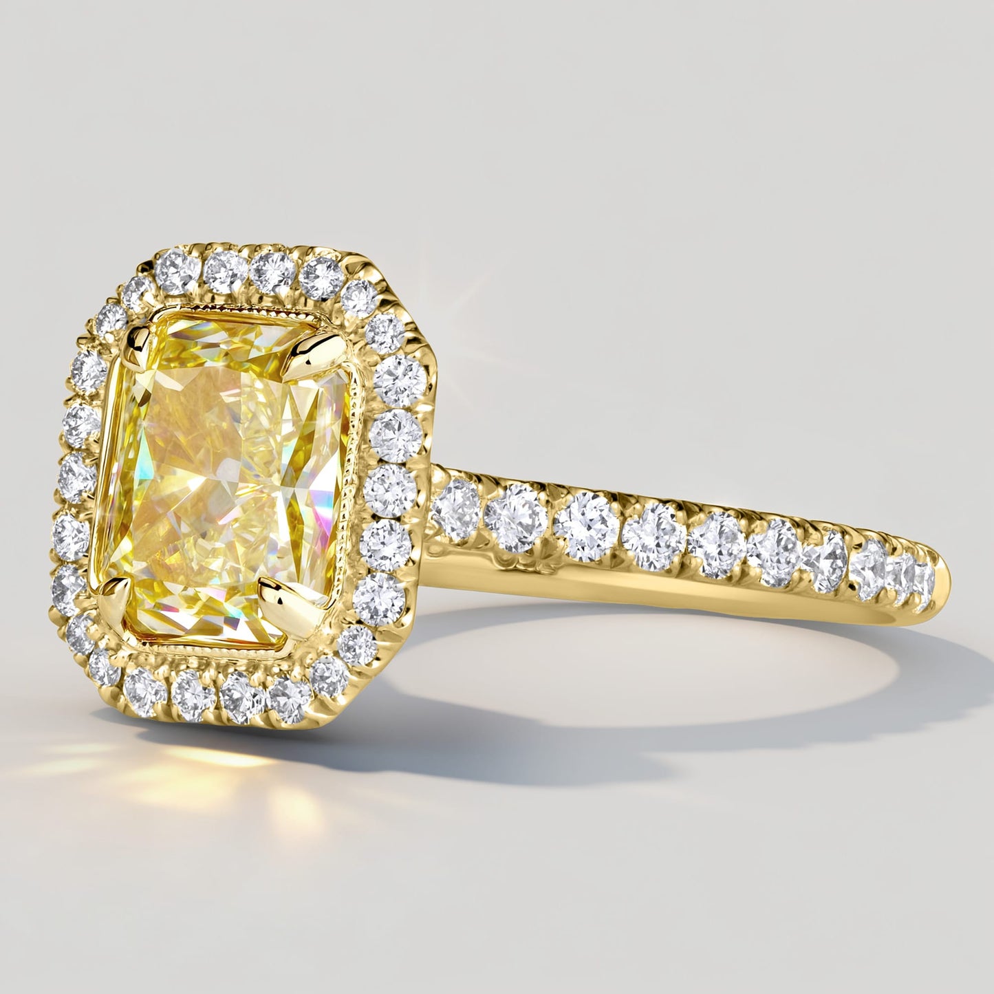 Sunlit Halo - 1.1 ct Radiant Cut Lab-Grown Fancy Vivid Yellow Diamond Ring with Diamond Halo In Solid 14K Yellow Gold with White Gold Plating (Includes IGI Certification from International Gemological Institute)