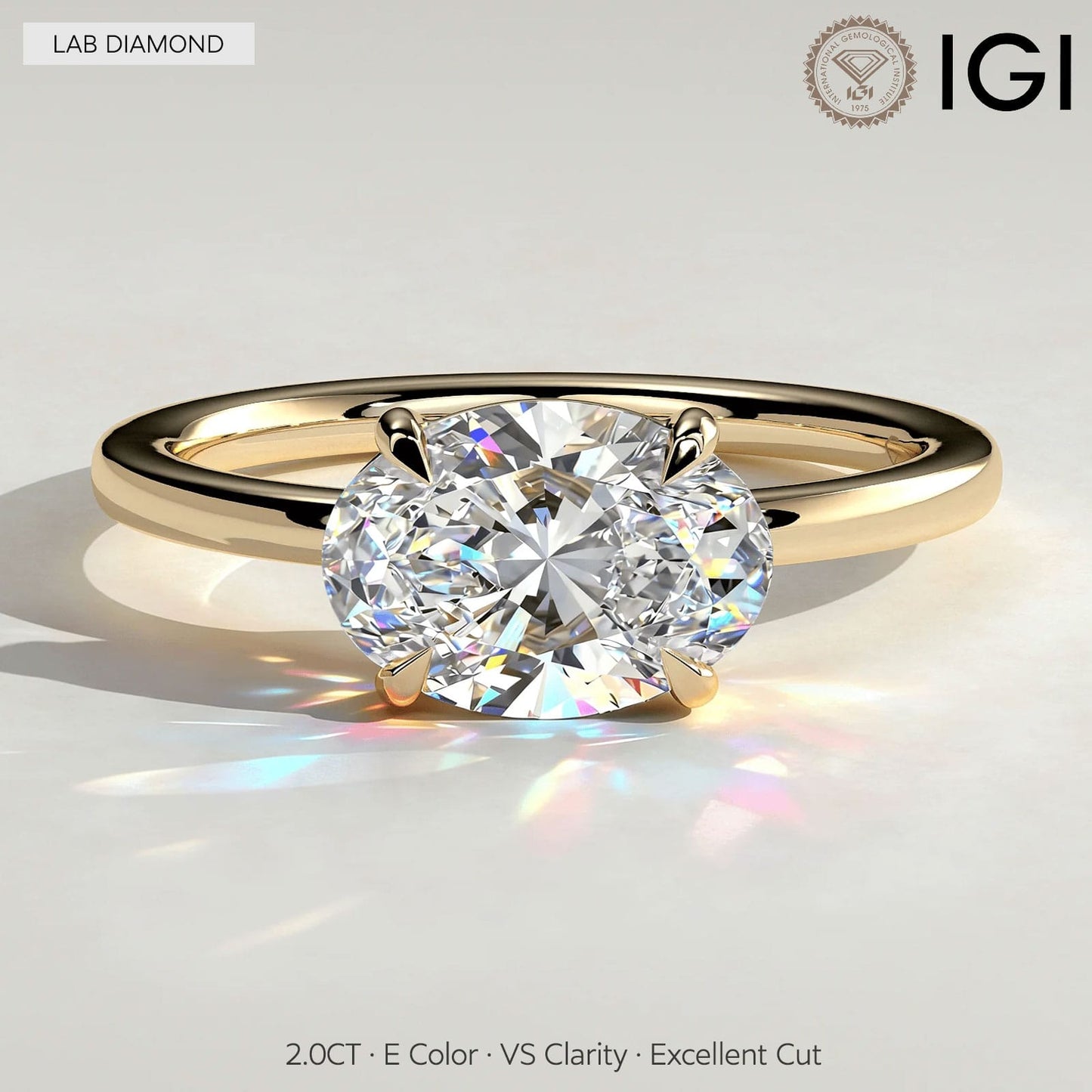 2ct Oval Lab-Grown Diamond East-West Claw Solitaire with Raised Basket Gallery Engagement Ring Tarnish-resistant Silver In 14K Gold Plated (Includes IGI Certification from International Gemological Institute)