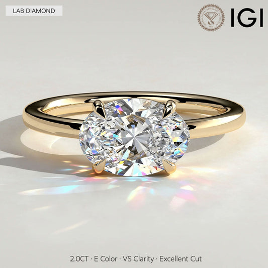 gona- 2ct Oval Lab-Grown Diamond East-West Claw Solitaire with Raised Basket Gallery Engagement Ring Tarnish-resistant Silver In 14K Gold Plated (Includes IGI Certification from International Gemological Institute)