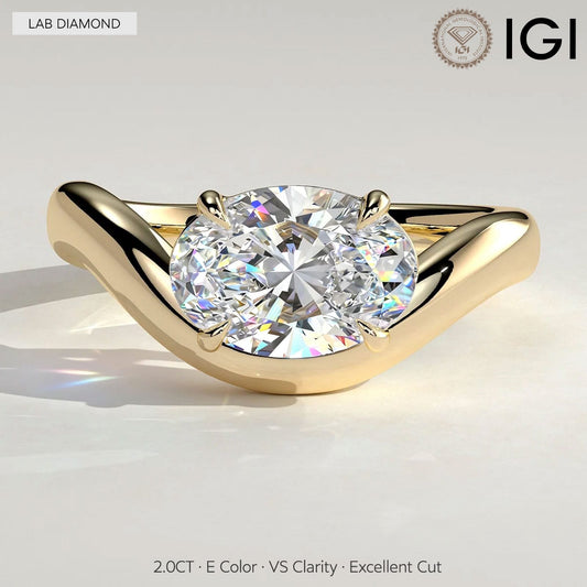gona- 2ct Oval Lab-Grown Diamond East-West Claw Solitaire with Wave Band Engagement Ring Tarnish-resistant Silver In 14K Gold Plated (Includes IGI Certification from International Gemological Institute)