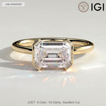 2ct Emerald-Cut Lab-Grown Diamond East-West Half Bezel Solitaire Engagement Ring Tarnish-resistant Silver In 14K Gold Plated (Includes IGI Certification from International Gemological Institute)