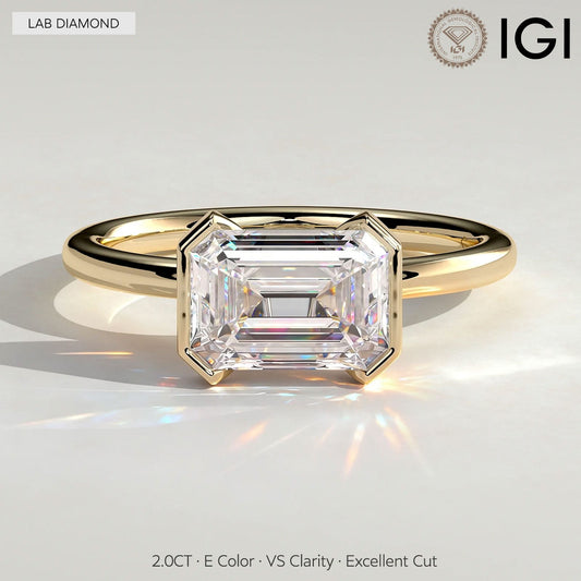 gona- 2ct Emerald-Cut Lab-Grown Diamond East-West Half Bezel Solitaire Engagement Ring Tarnish-resistant Silver In 14K Gold Plated (Includes IGI Certification from International Gemological Institute)