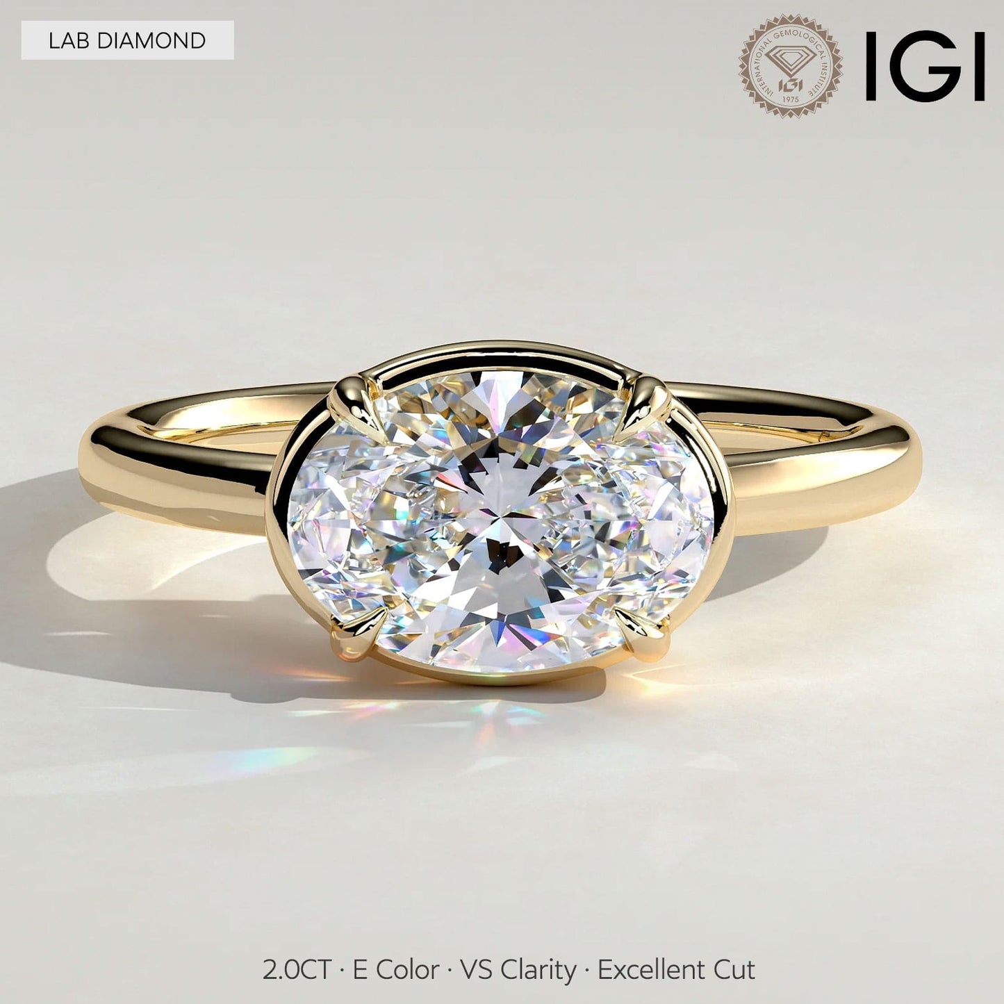 2ct Oval Lab-Grown Diamond East-West Claw Solitaire with Bezel Frame Engagement Ring Tarnish-resistant Silver In 14K Gold Plated (Includes IGI Certification from International Gemological Institute)