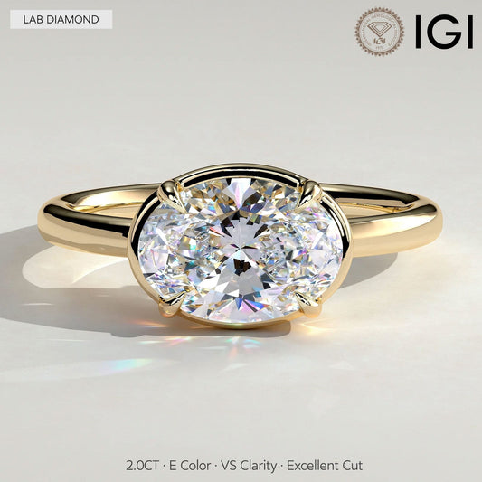 gona- 2ct Oval Lab-Grown Diamond East-West Claw Solitaire with Bezel Frame Engagement Ring Tarnish-resistant Silver In 14K Gold Plated (Includes IGI Certification from International Gemological Institute)
