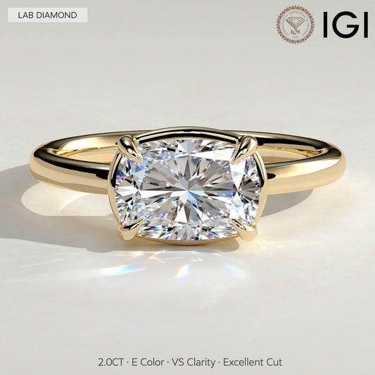 gona- 2ct Elongated Cushion Lab-Grown Diamond East-West Claw Solitaire with Bezel Frame Engagement Ring Tarnish-resistant Silver In 14K Gold Plated (Includes IGI Certification from International Gemological Institute)