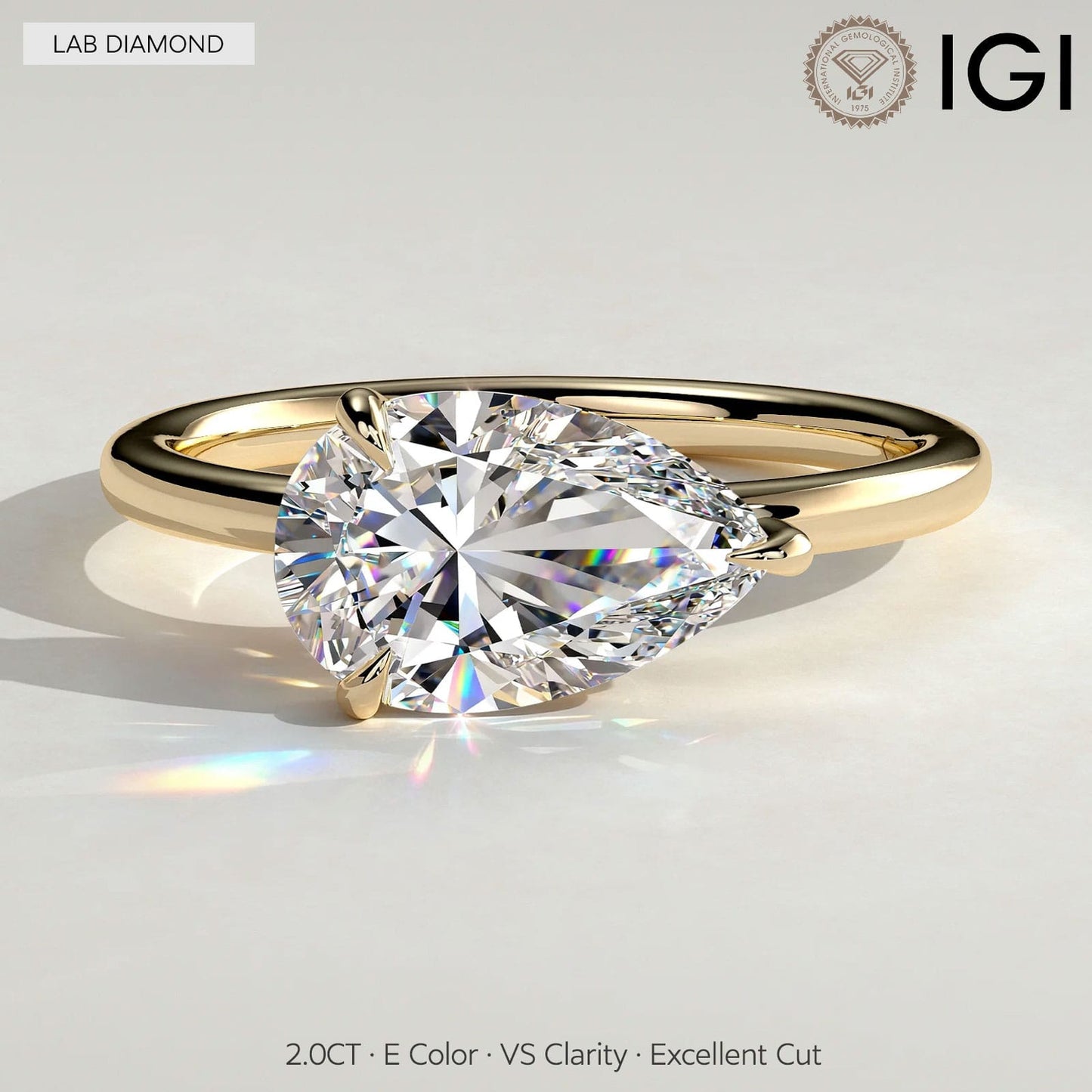 2ct Pear Lab-Grown Diamond East-West Claw Solitaire with Raised Basket Gallery Engagement Ring Tarnish-resistant Silver In 14K Gold Plated (Includes IGI Certification from International Gemological Institute)