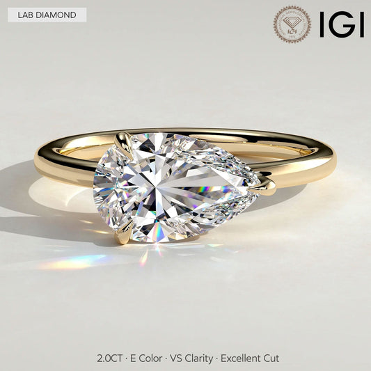 gona- 2ct Pear Lab-Grown Diamond East-West Claw Solitaire with Raised Basket Gallery Engagement Ring Tarnish-resistant Silver In 14K Gold Plated (Includes IGI Certification from International Gemological Institute)