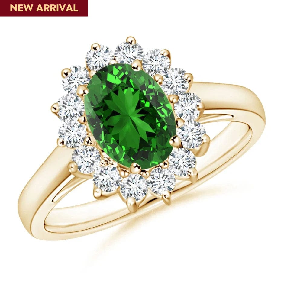 Lab-Grown Oval Brilliant Cut Emerald - Halo Classic Engagement Ring 14K Yellow Gold Plated