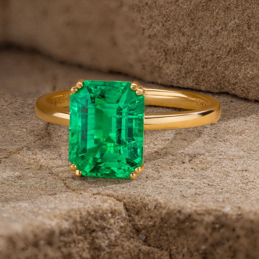 gon- Lab-Grown Emerald-Cut Emerald - Solitaire Classic Engagement Ring 14K Yellow Gold Plated