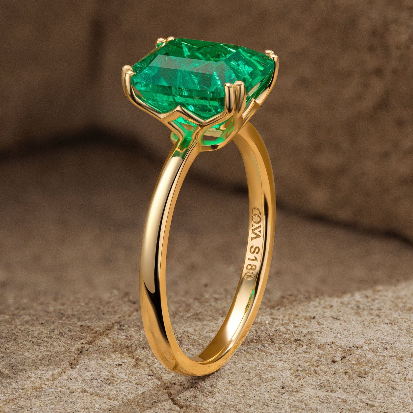 Lab-Grown Emerald-Cut Emerald - Solitaire Classic Engagement Ring 14K Yellow Gold Plated